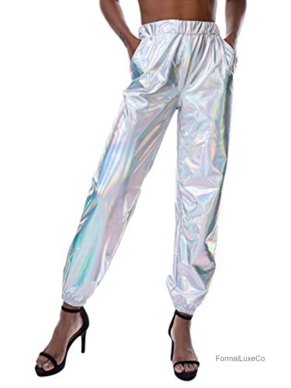 Shiny Metallic High Waist Stretchy Jogger Pants Wet Look Hip Hop Club Wear
